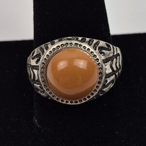 Vtg Silver Tone‎ Orange Stone Ring Size 11 Unisex Boho Southwestern Chic